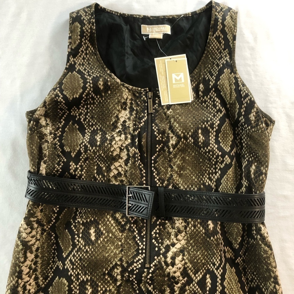 Michael Michael Kors Half Zip Sleeveless Green Snakeskin Print Belted Dress